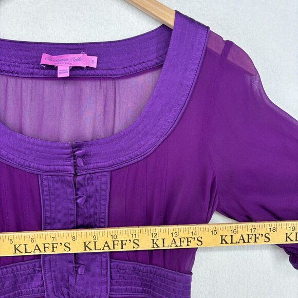 CALYPSO Dress S Small CHRISTIANE CELLE Silk Sheer Satin Trim Knee Length Purple - Picture 11 of 15